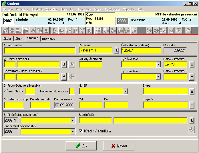 Údaje o studiu - editační režim  Údaje o studiu - editační režim