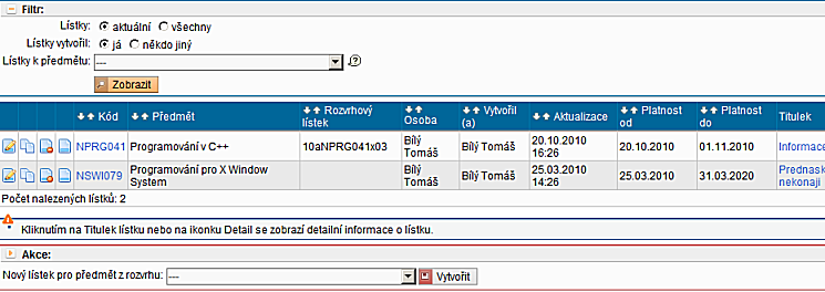 Formulář pro zobrazení lístků uživatele Formulář pro zobrazení lístků uživatele