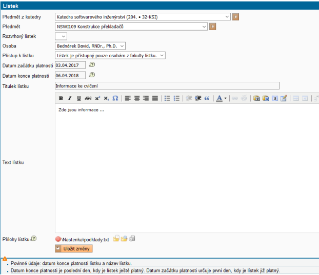 Vytváření nového lístku Vytváření nového lístku