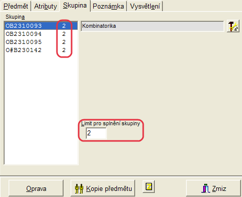 Limity u skupin PV a V předmětů