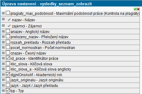 Nastavení sloupců - detail Nastavení sloupců - detail