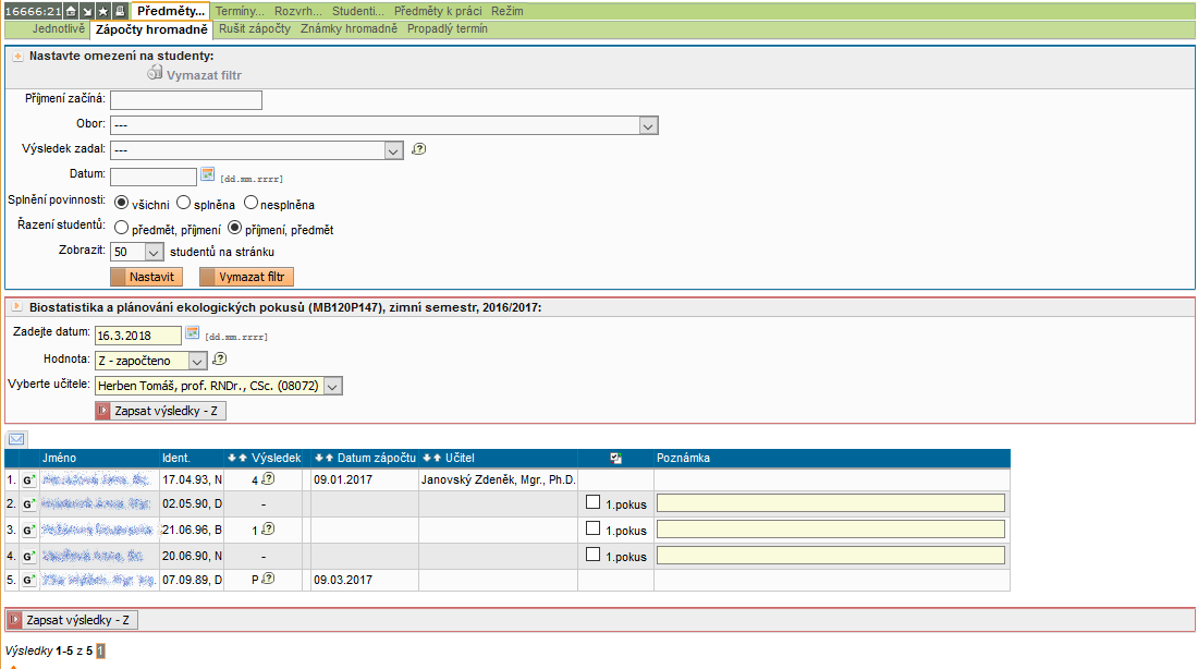 Zápočty hromadně Zápočty hromadně
