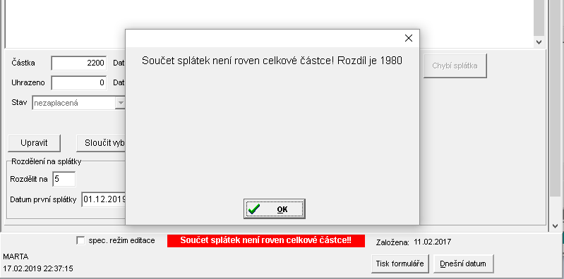 Splátky - nesouhlasí součet Splátky - nesouhlasí součet