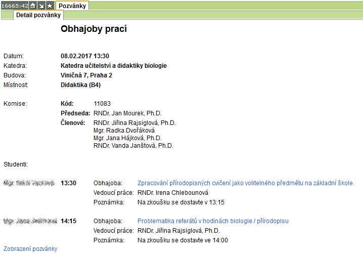 Detail pozvánky - obhajoba práce Detail pozvánky - obhajoba práce