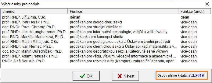 Výběr osoby pro podpis Výběr osoby pro podpis
