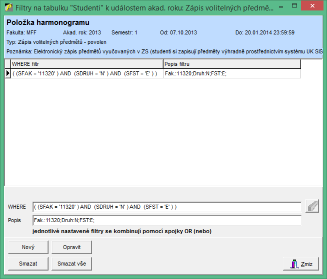 Obr.1 - editace filtrů pro zvolenou UAR