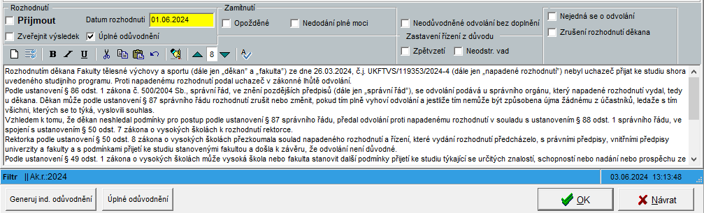Editace odůvodnění Editace odůvodnění
