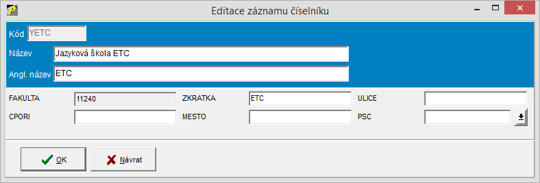 Editace vybrané položky číselníku. Editace vybrané položky číselníku.