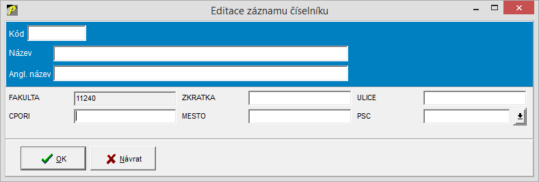 Přidání nové položky do číselníku. Přidání nové položky do číselníku.